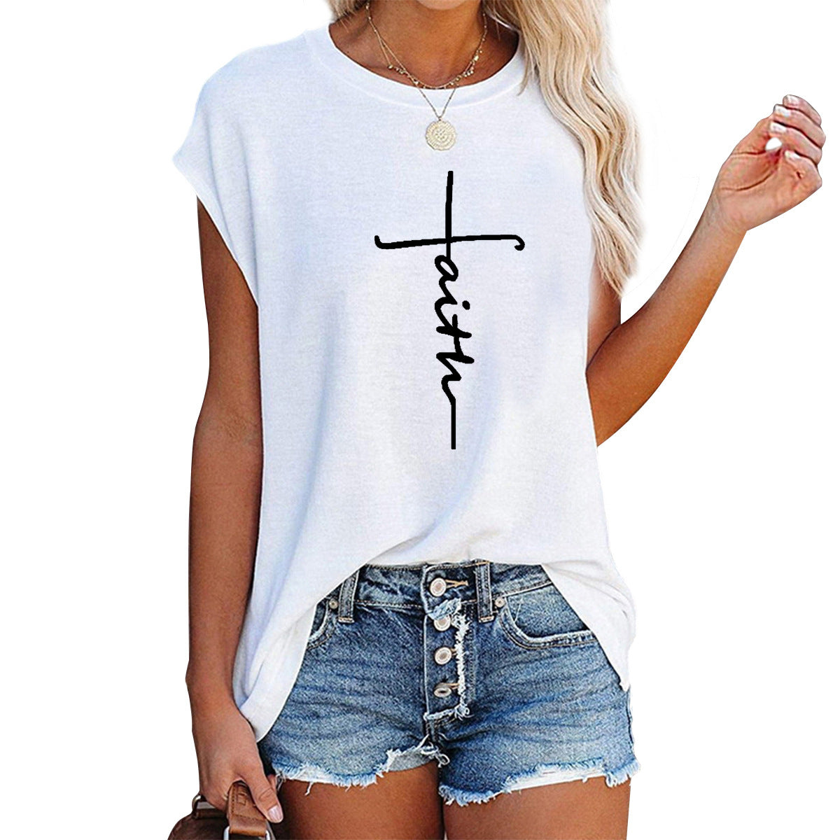 Camiseta informal de verano para mujer con estampado de letras Peace Faith, cuello redondo, manga corta y holgada