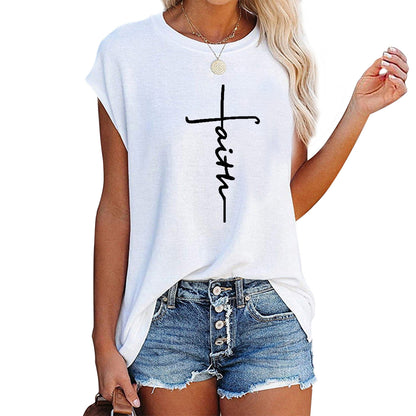 Camiseta informal de verano para mujer con estampado de letras Peace Faith, cuello redondo, manga corta y holgada