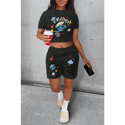 Conjunto informal de dos piezas de camiseta y pantalones cortos de manga corta con estampado de la Tierra para mujer de verano