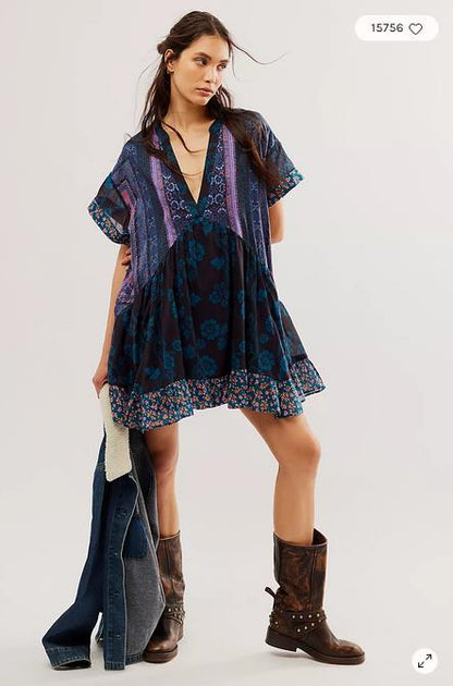 Women Fashion Casual Boho Multicolor Printed Stripe Short Sleeve V-Neck Dress