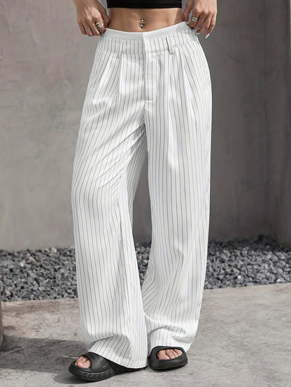 Women Casual Solid Color Stripe High Waist Loose Pants