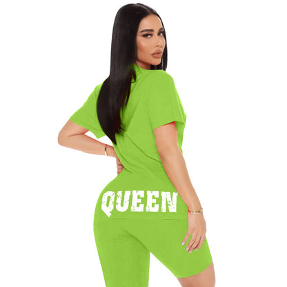 Women Orange Casual Athleisure Short Sleeves Round Neck Letter Printed Top And Solid Color Shorts Set