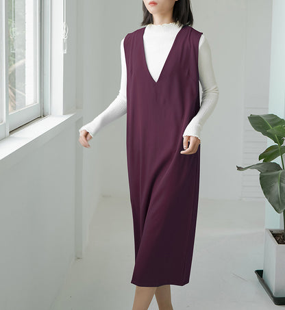 Women Casual Loose Solid Color Sleeveless V-Neck Over-The-Knee Pocket Dress