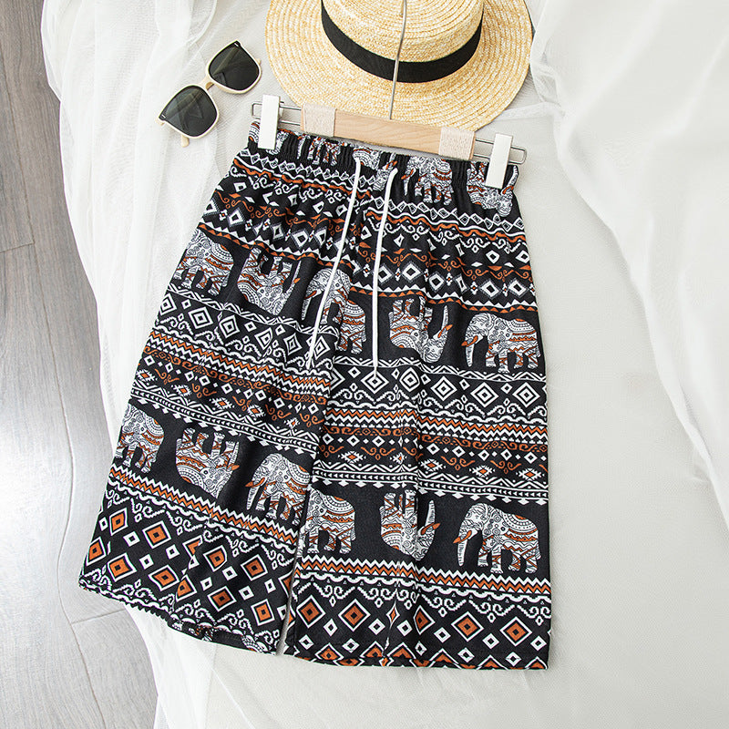 Women Retro Casual Elephant Print Loose Shorts