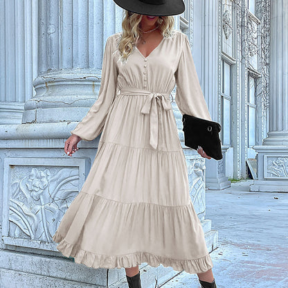 Vestido midi plisado con volantes de manga larga para mujer, informal, de otoño e invierno