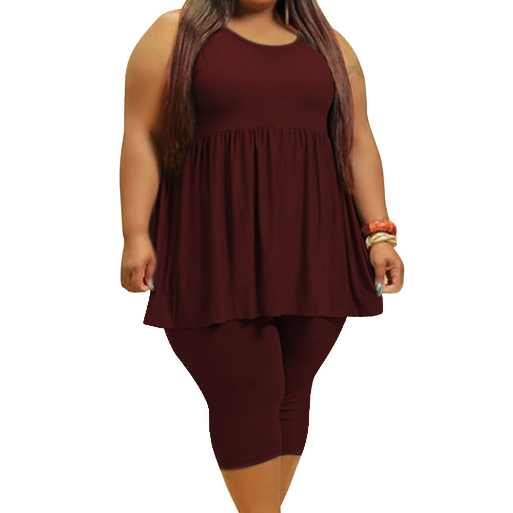 Conjunto de dos piezas con volantes de color liso sin mangas sexy informal de verano para mujer de talla grande