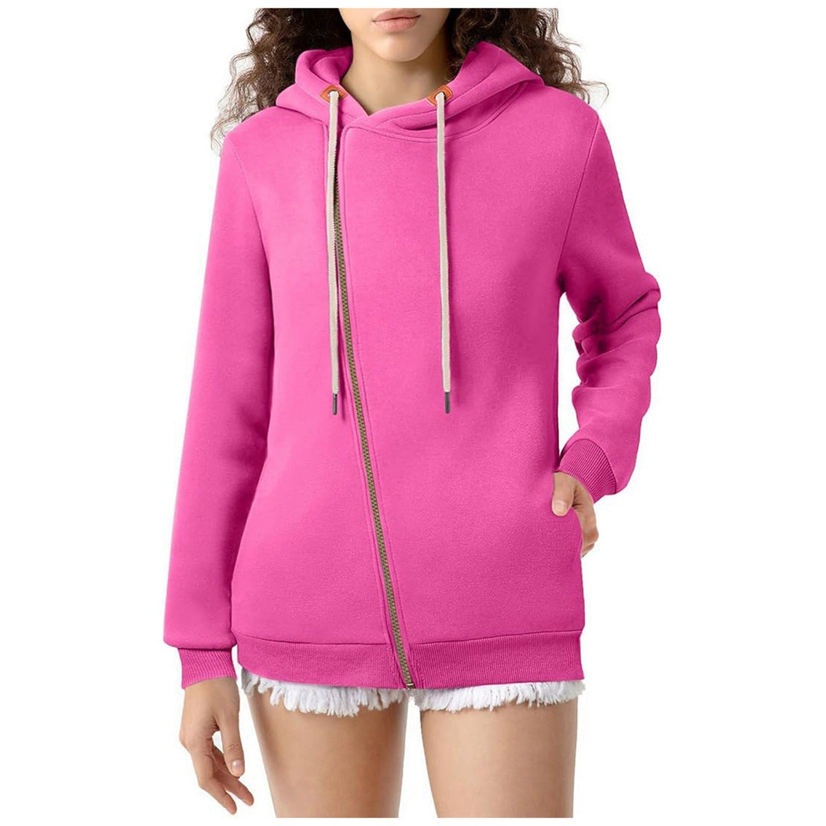 Sudadera con capucha informal de color liso con bolsillos y cremallera para mujer