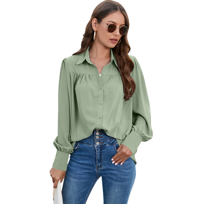 Blusa informal de gasa plisada de manga larga de color liso para mujer, talla grande