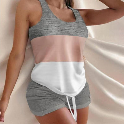 Summer Women Casual Color Blocking Sleeveless Tank Top And Shorts Set