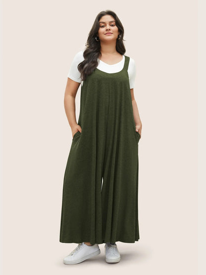 Summer Women Loose Plus Size Solod Color Sleeveless Casual Jumpsuits
