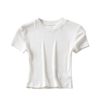 Camiseta informal de verano para mujer, color liso, cuello redondo, manga corta, sin mangas