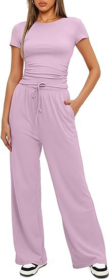Conjunto de dos piezas de top y pantalón de manga corta de color liso informal para mujer