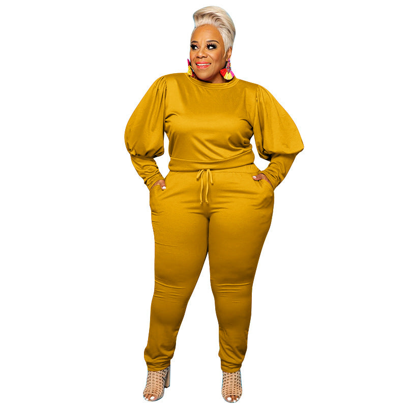 Conjunto de dos piezas de top y pantalones ajustados de talla grande para mujer, básico, informal, de color liso, con mangas largas abullonadas