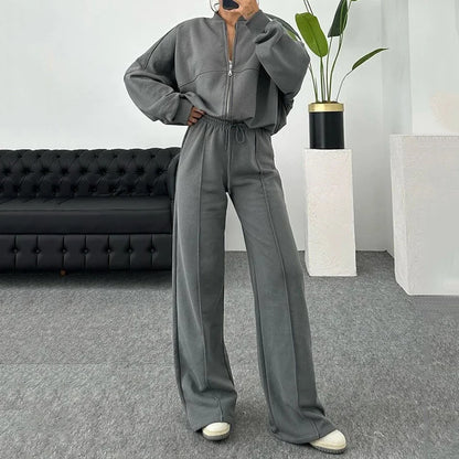 Fall Winter Women Fashion Simple Zipper Sweatshirt Jacket Casual Straight Leg Pants Set