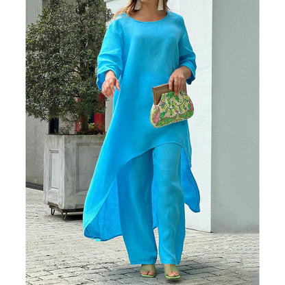 Conjunto de top y pantalones anchos de manga larga irregulares de algodón y lino de color liso informal para mujer