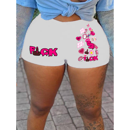 Women Fashion Casual Letter Printing Elastic Waist Shorts