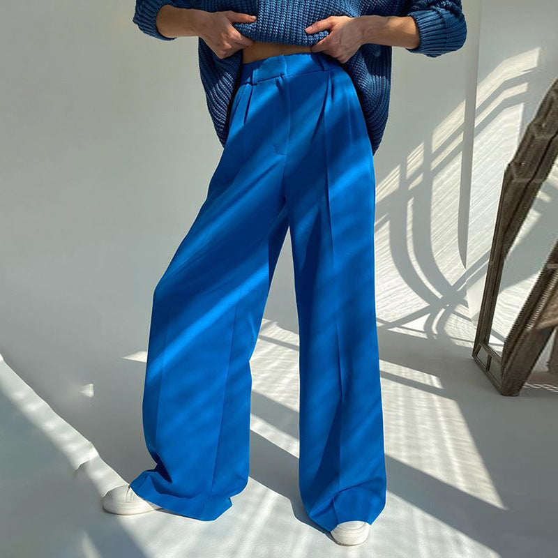Women Basic Solid Color Casual High Waist Wide-Leg Mopping Pants