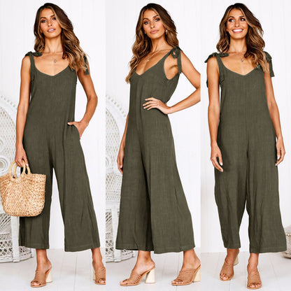 Women Fashion Casual Solid Color V-Neck Sleeveless Backless Lace-Up Jumpsuit