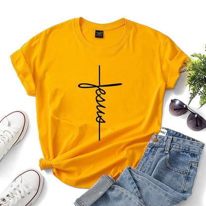 Peace Women Casual Letter Faith Print Short-sleeved Round Neck Loose Colored T-shirt