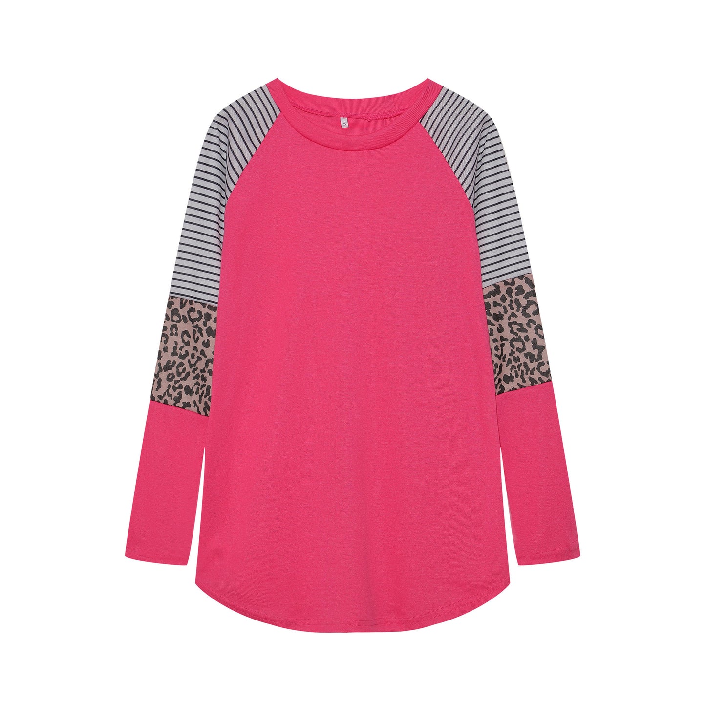 Camiseta informal de manga larga con cuello redondo y rayas de leopardo para mujer de otoño