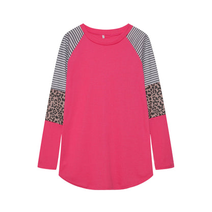 Camiseta informal de manga larga con cuello redondo y rayas de leopardo para mujer de otoño