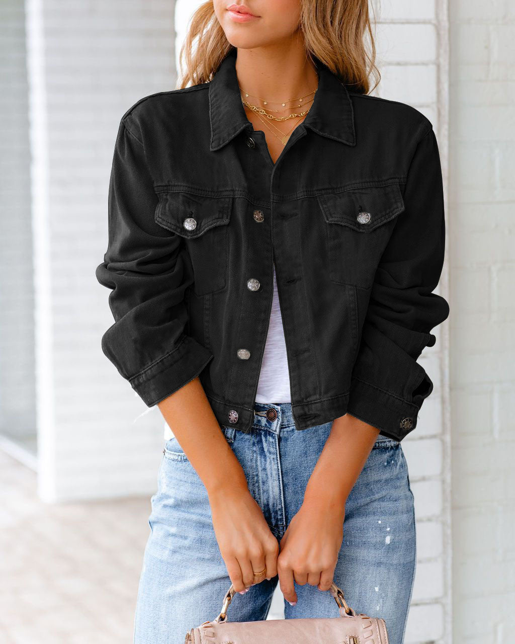 Chaqueta vaquera informal de manga larga con estampado de color liso para mujer