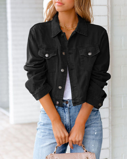 Chaqueta vaquera informal de manga larga con estampado de color liso para mujer