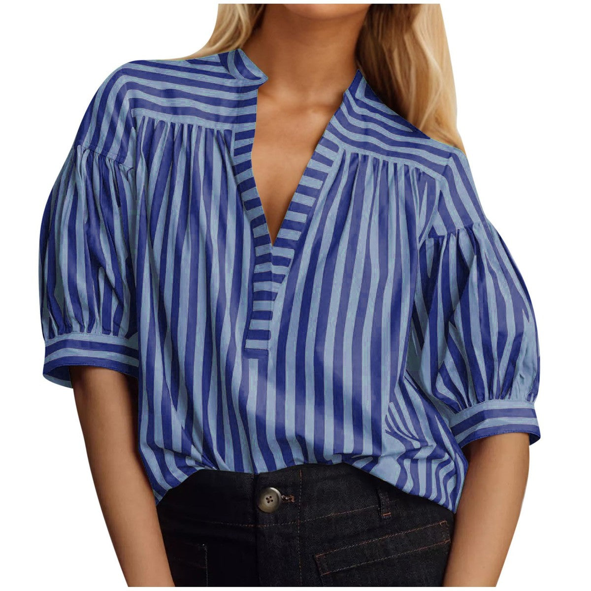 Blusa informal de manga larga con cuello en V y costuras a rayas para mujer