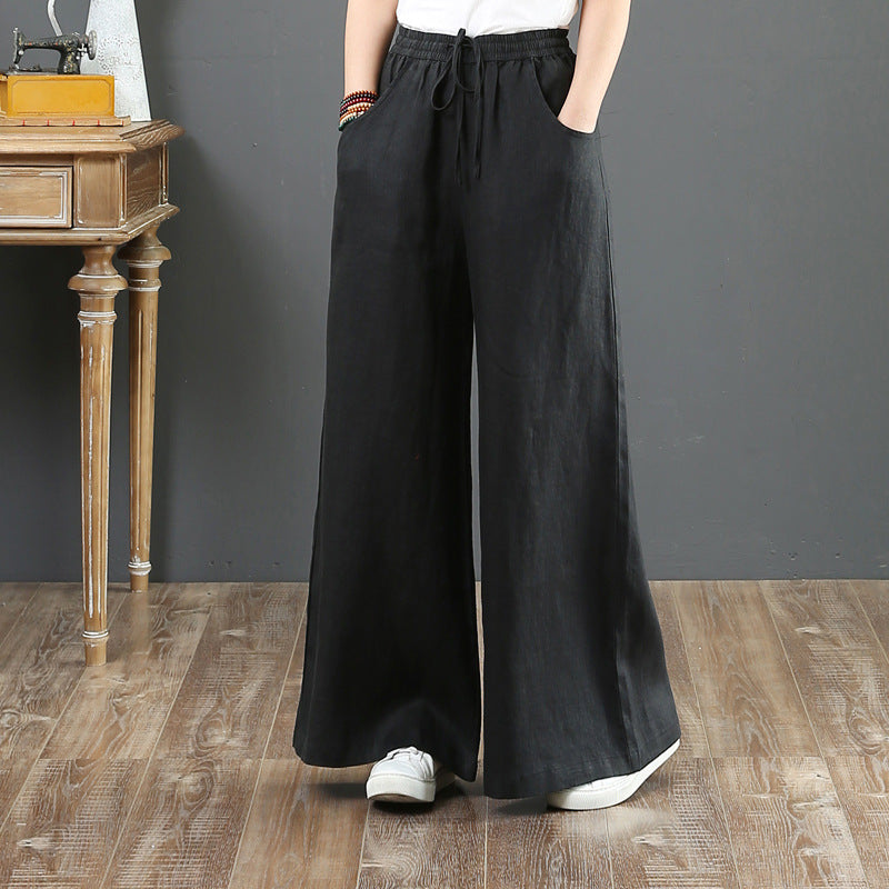 Women Fashion Casual Solid Color Cotton Linen High Waist Wide Leg Pants