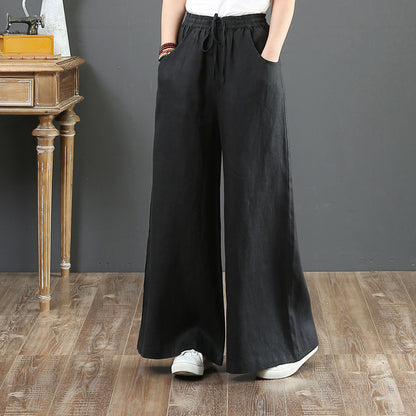 Women Fashion Casual Solid Color Cotton Linen High Waist Wide Leg Pants