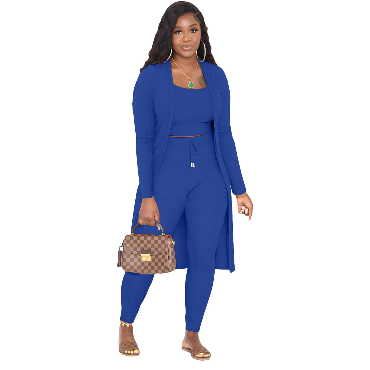 Fashion Women Casual Solid Color Rib-Knit Cardigan Camis And Skinny Pants Three Piece Set