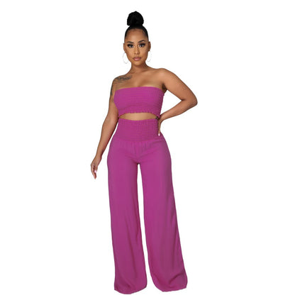 Conjunto de dos piezas para mujer, informal, elegante, de color liso, con top de tubo y pantalones holgados