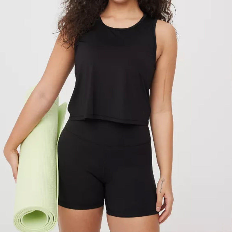 Women Fashion Casual Solid Color Sleeveless Top High-Waisted Shorts Yoga Sports Two-Piece Set