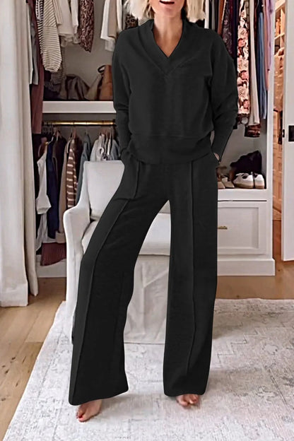 Conjunto de dos piezas de top y pantalones anchos de manga larga con escote en V para mujer
