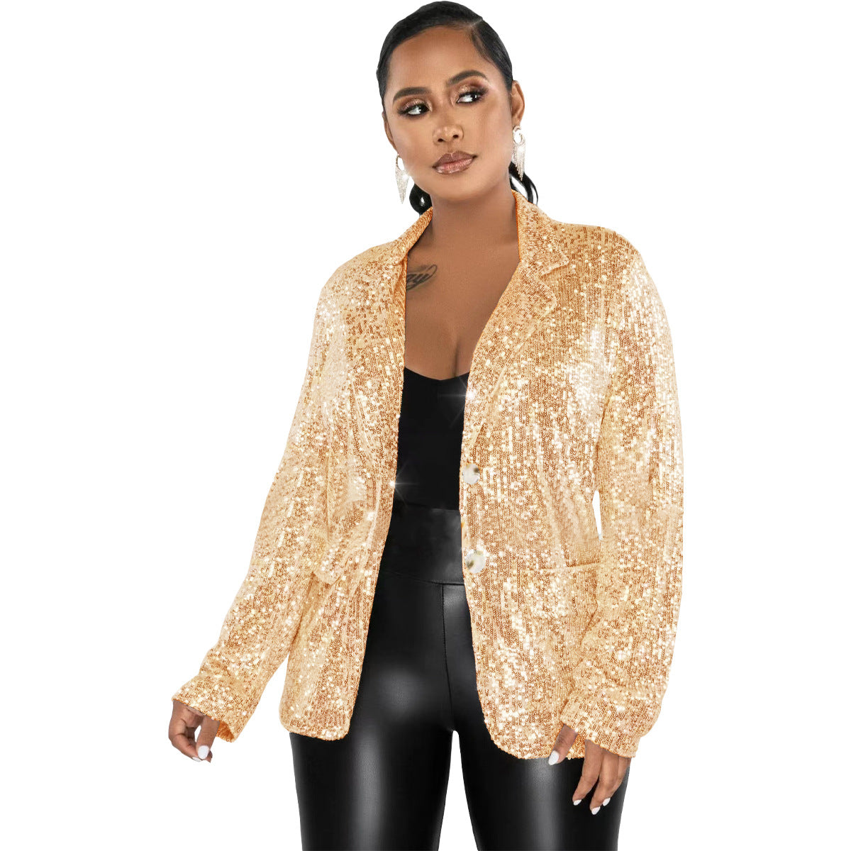 Blazer informal de manga larga con lentejuelas para mujer