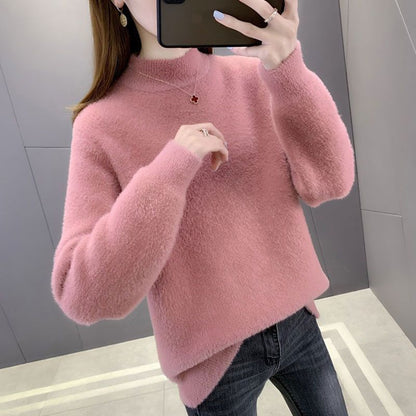 Suéter de felpa grueso y suelto con cuello medio alto de color liso informal a la moda para mujer