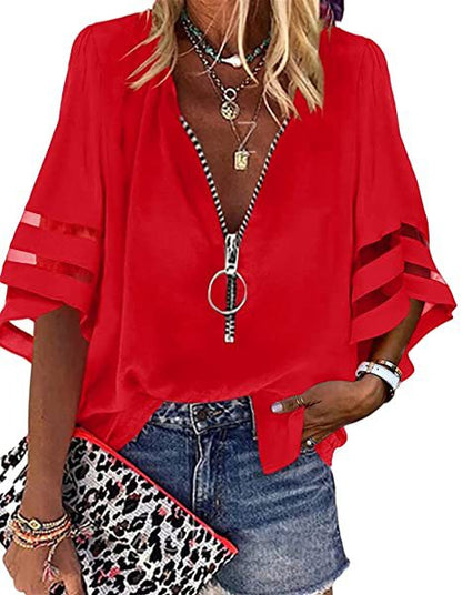 Blusa informal de mujer con cuello en V, media cremallera y mangas acampanadas