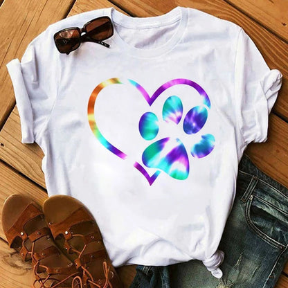Camiseta informal de manga corta con estampado de corazón para mujer