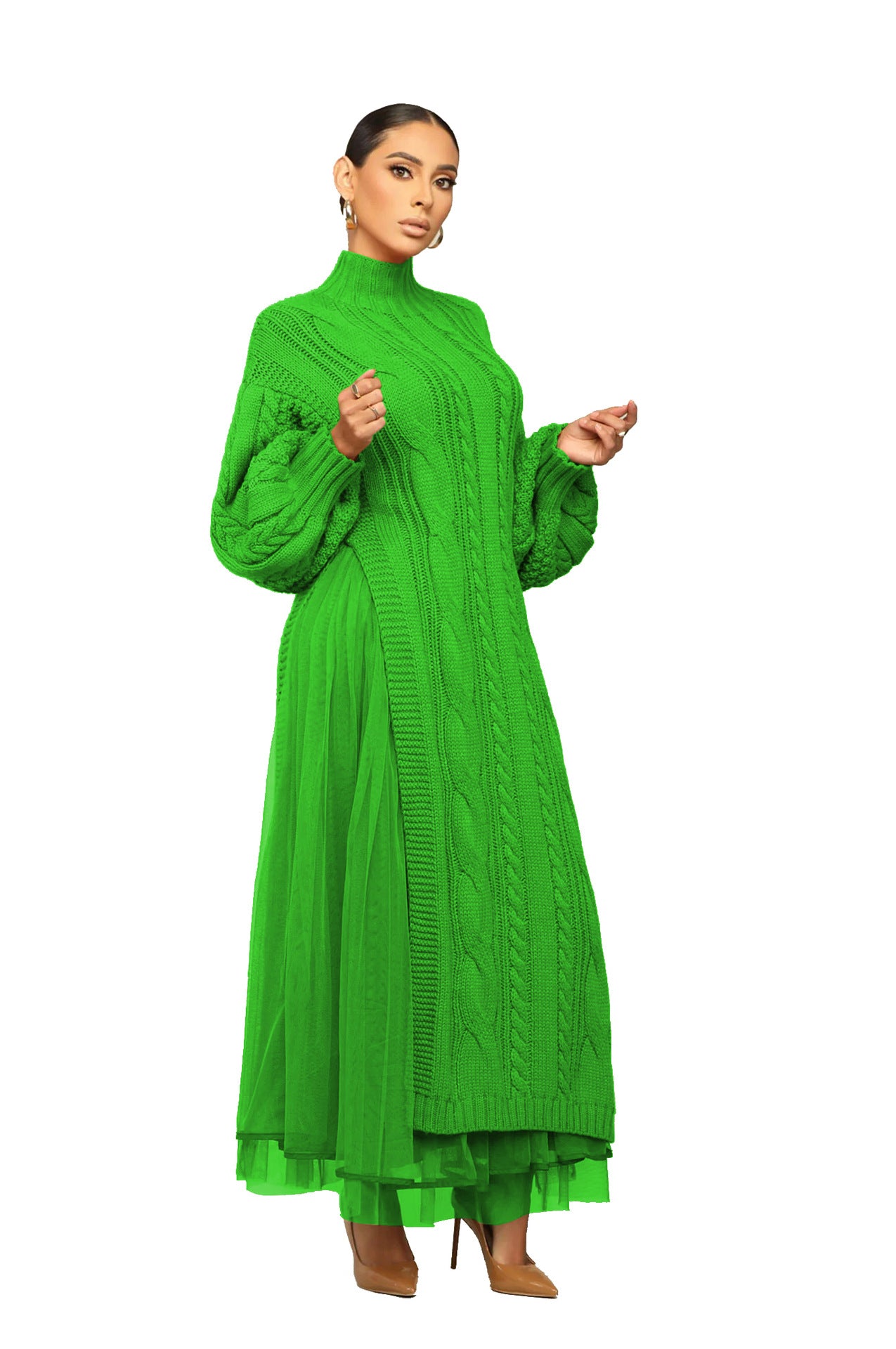 Women Fashion Casual Solid Color Sweater Split Mesh Skirt Two Pieces Set