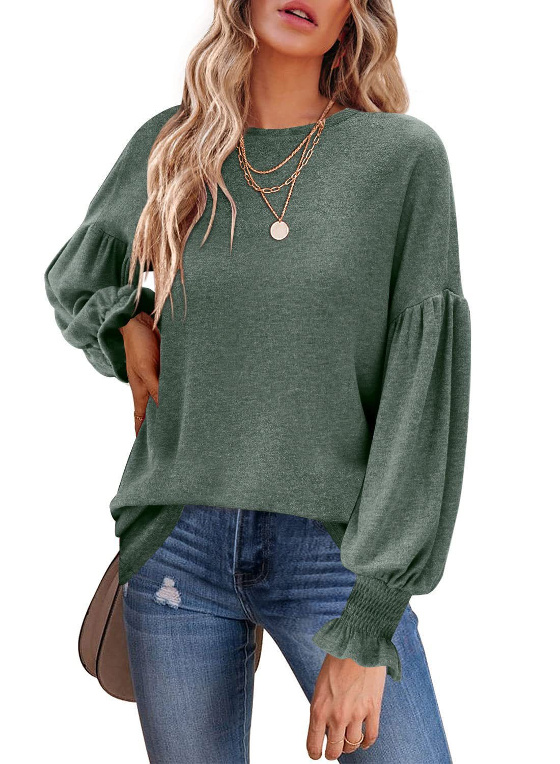 Camiseta informal de cuello redondo y mangas farol para mujer