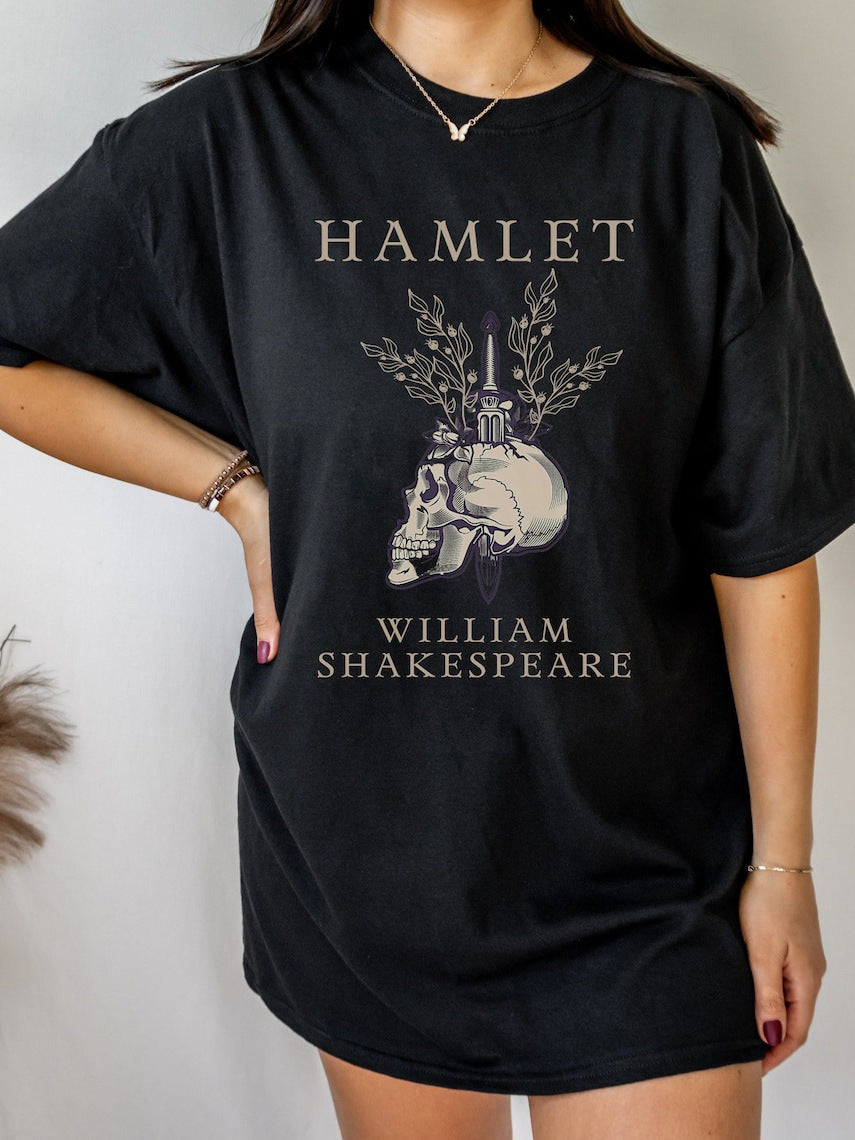 Camiseta holgada informal de manga corta con estampado de calavera y letras para mujer
