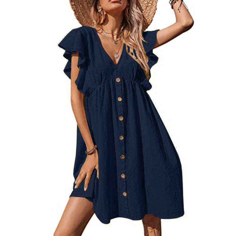 Women Fashion Casual Style Pullover V-Neck Ruffled Sleeve Dress