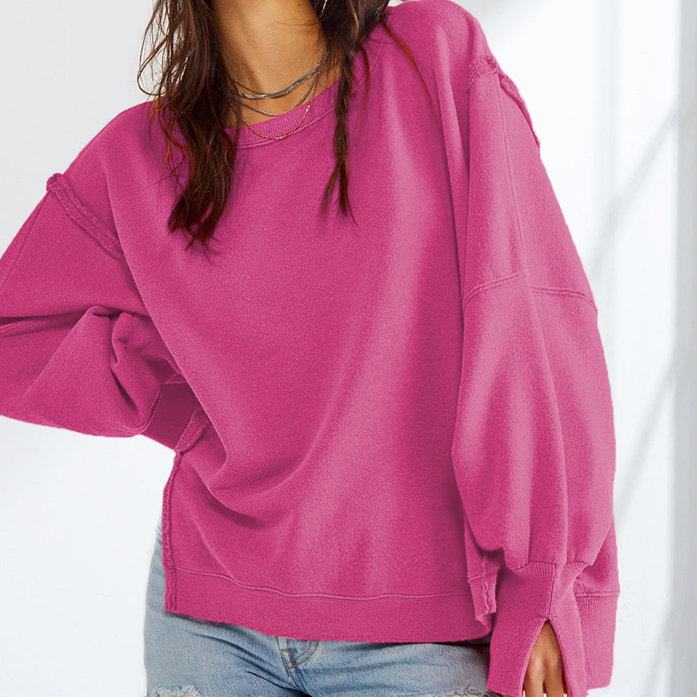 Women Fashion Casual Solid Color Round Neck Split Sweatshirt