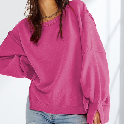 Women Fashion Casual Solid Color Round Neck Split Sweatshirt