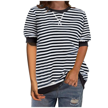 Camiseta informal sencilla de manga corta con estampado de rayas y cuello redondo con bloques de color para mujer