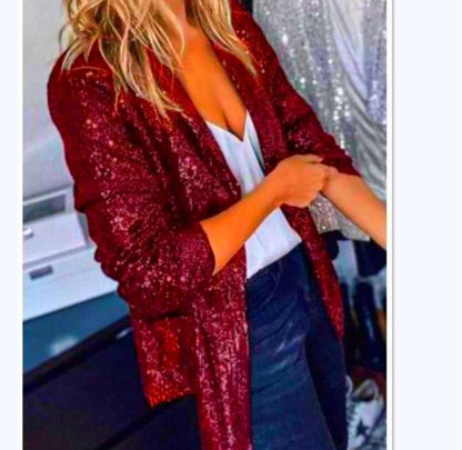 Chaqueta informal de manga larga con solapa y lentejuelas de color liso para mujer
