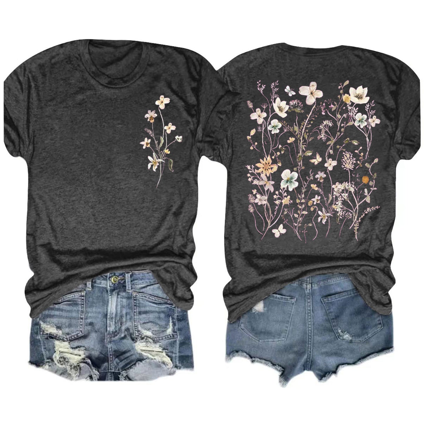 Camiseta informal de manga corta con cuello redondo y estampado floral para mujer