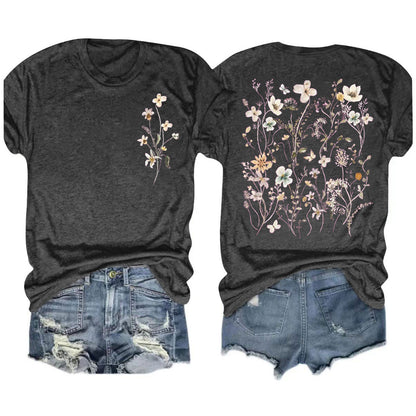 Camiseta informal de manga corta con cuello redondo y estampado floral para mujer