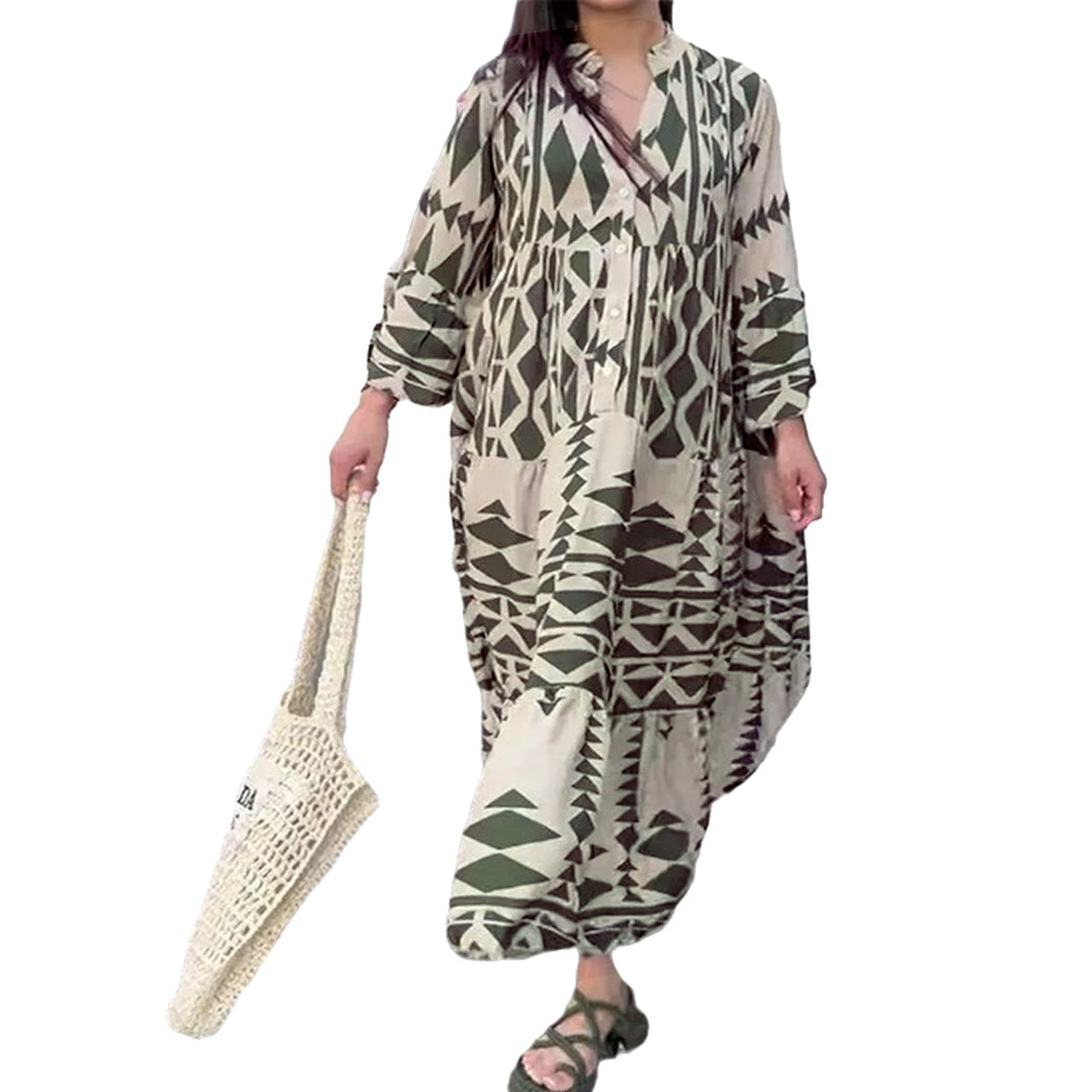 Women Casual Boho Geometry Print V Neck Single-Breasted Loose Maxi Shirt Dress