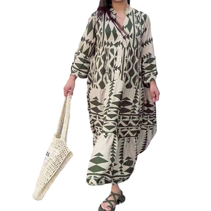Women Casual Boho Geometry Print V Neck Single-Breasted Loose Maxi Shirt Dress